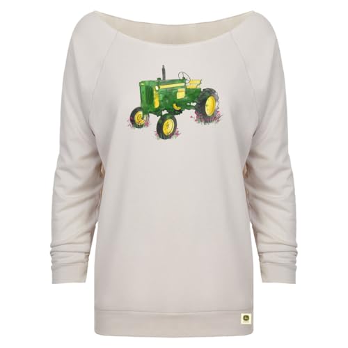 John Deere Ladies Small Watercolor Tractor Boatneck Sweatshirt, front of the garment
