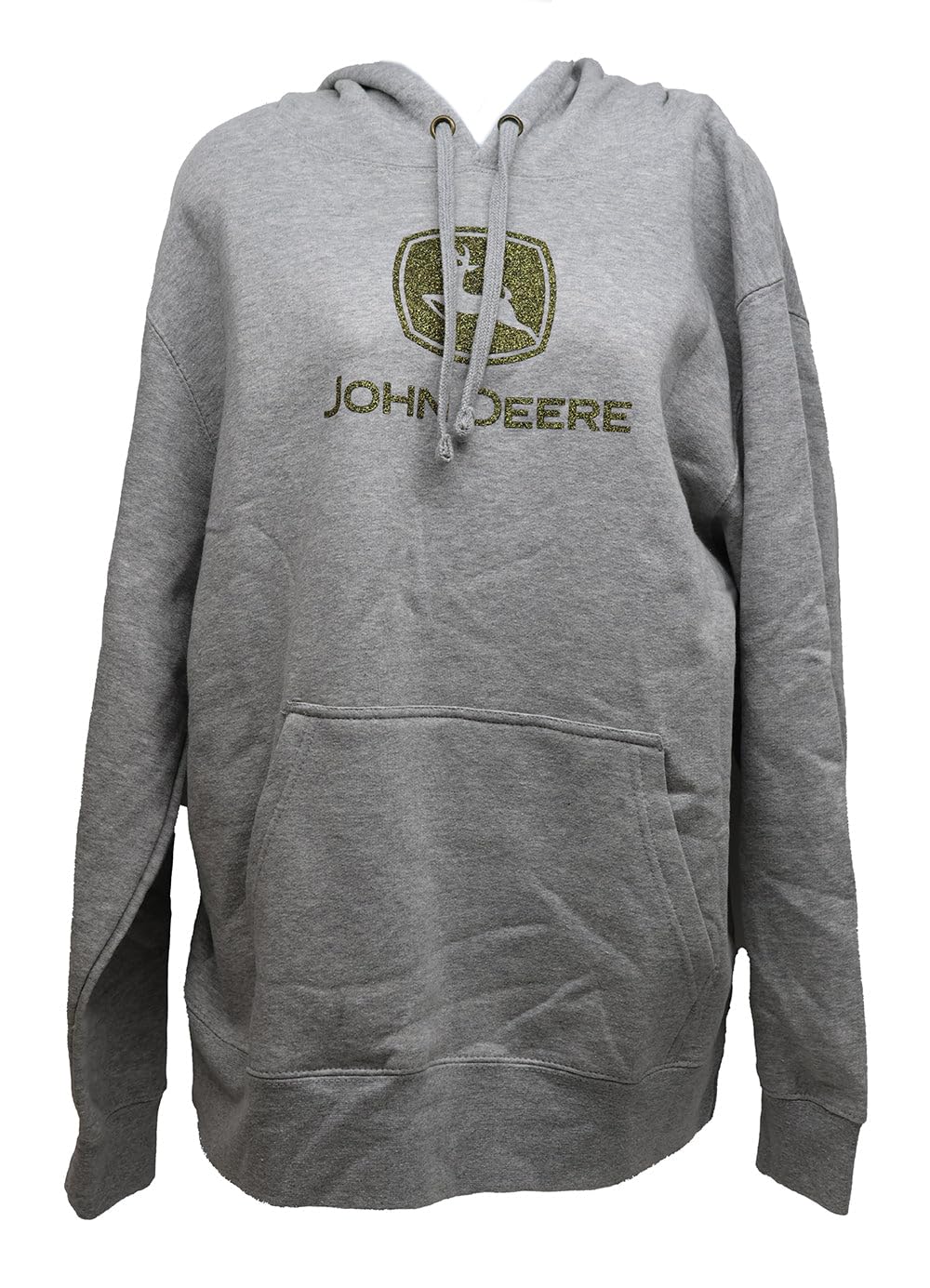 Close-up of the John Deere Ladies Medium Gray Hoodie With Gold Glitter Logo
