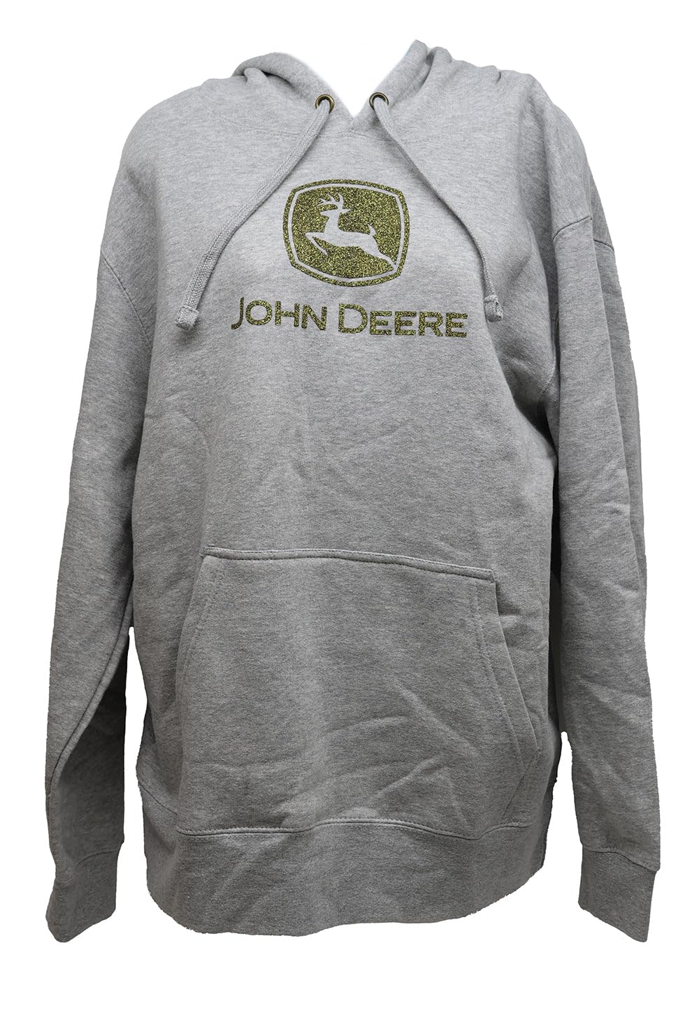 Close-up of the John Deere Ladies Small Gray Hoodie With Gold Glitter Logo