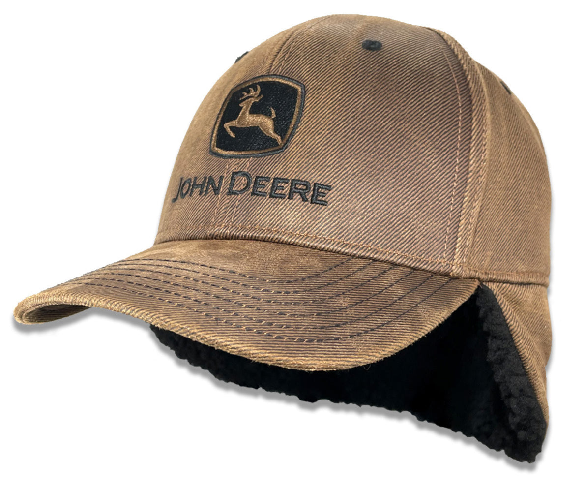 John Deere Brown Oiled Cotton Twill Sherpa Lined Flap Cap Hat