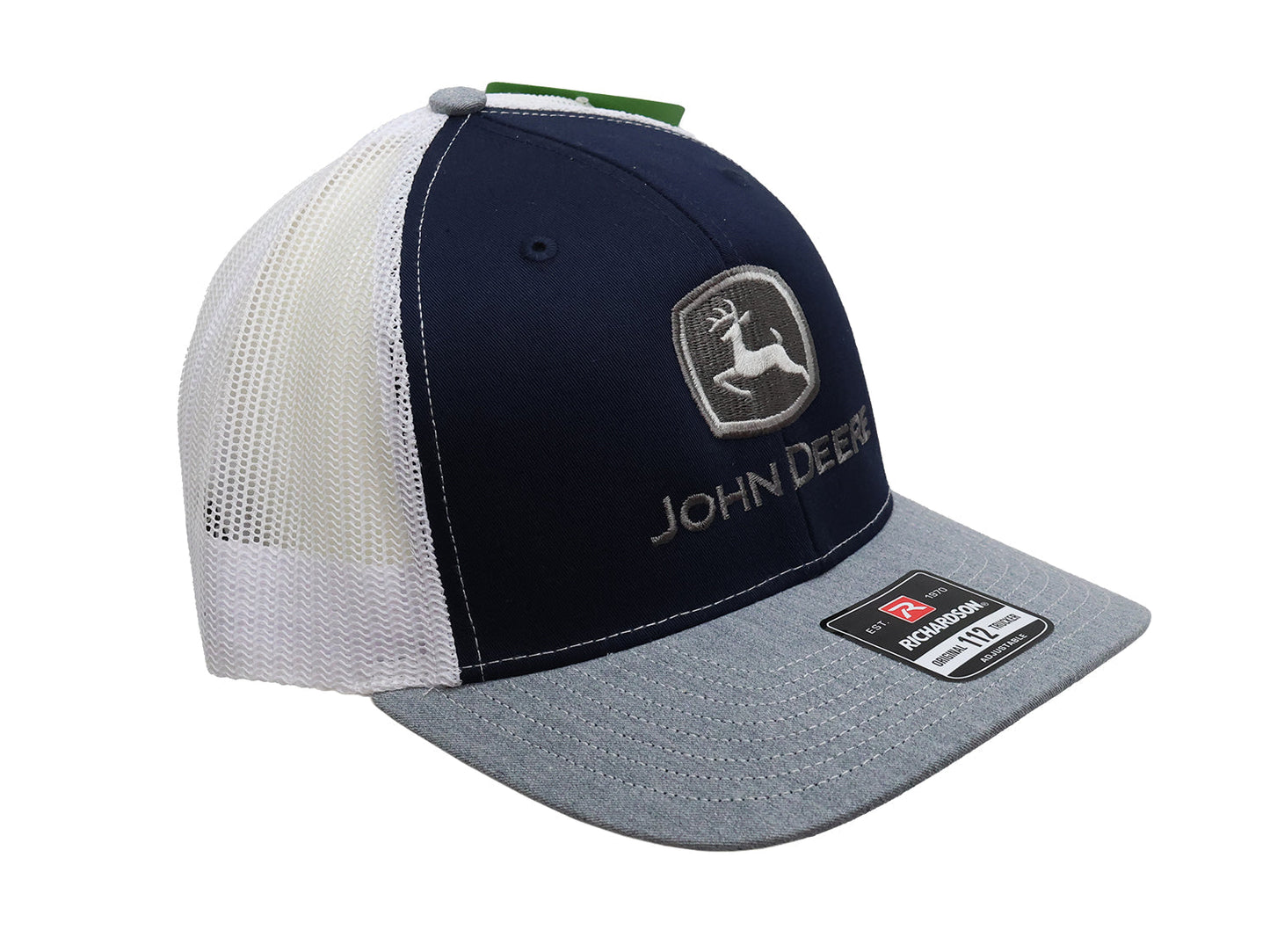 Close-up of the John Deere Richardson Navy White Gray Hat Cap