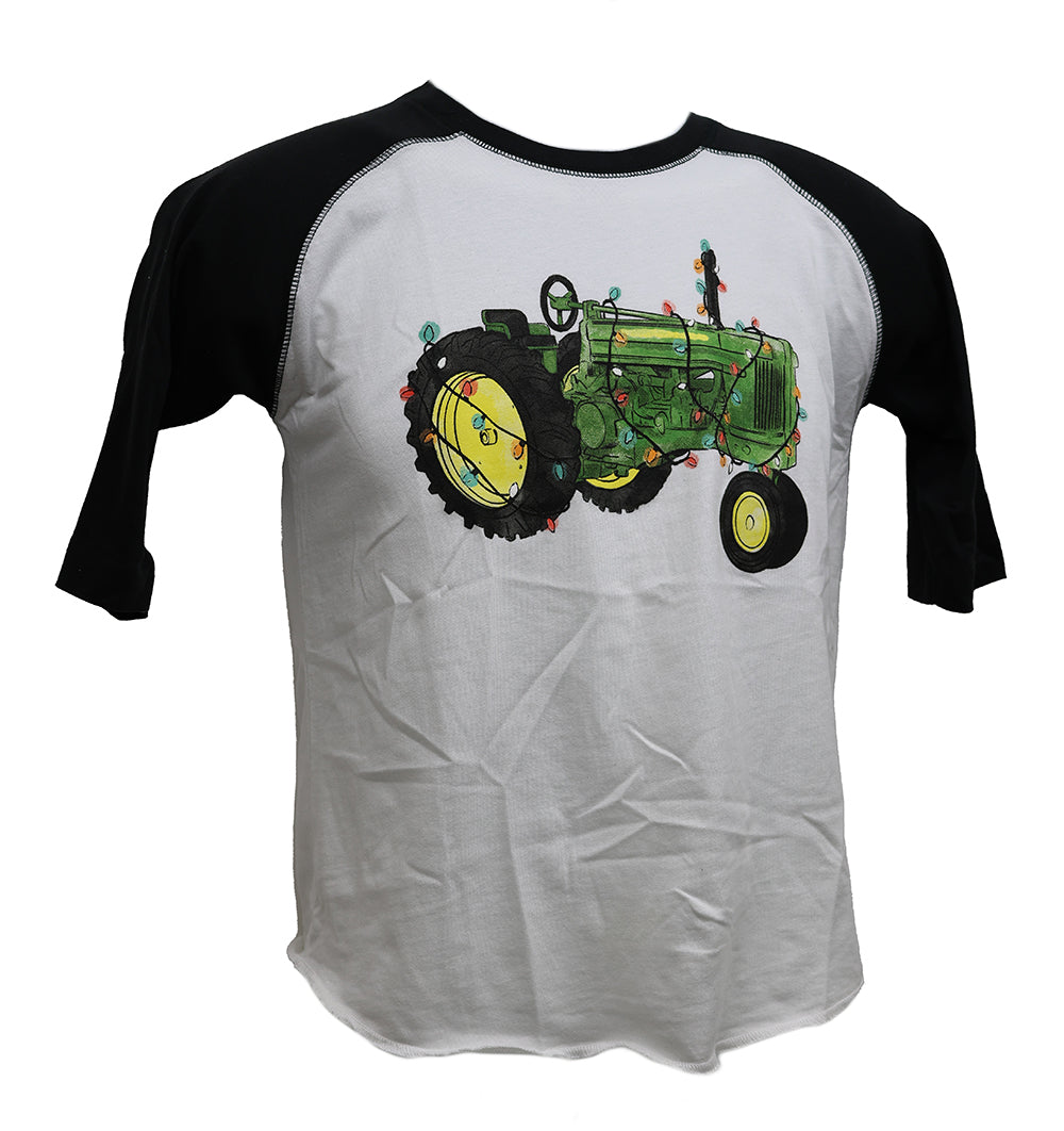 John Deere Youth MEDIUM Watercolor Christmas Tractor Baseball Tee - LP80914