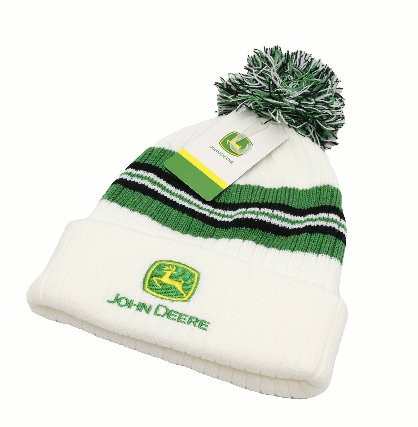 John Deere White/Green/Black Striped Beanie w/ Pom - LP86075