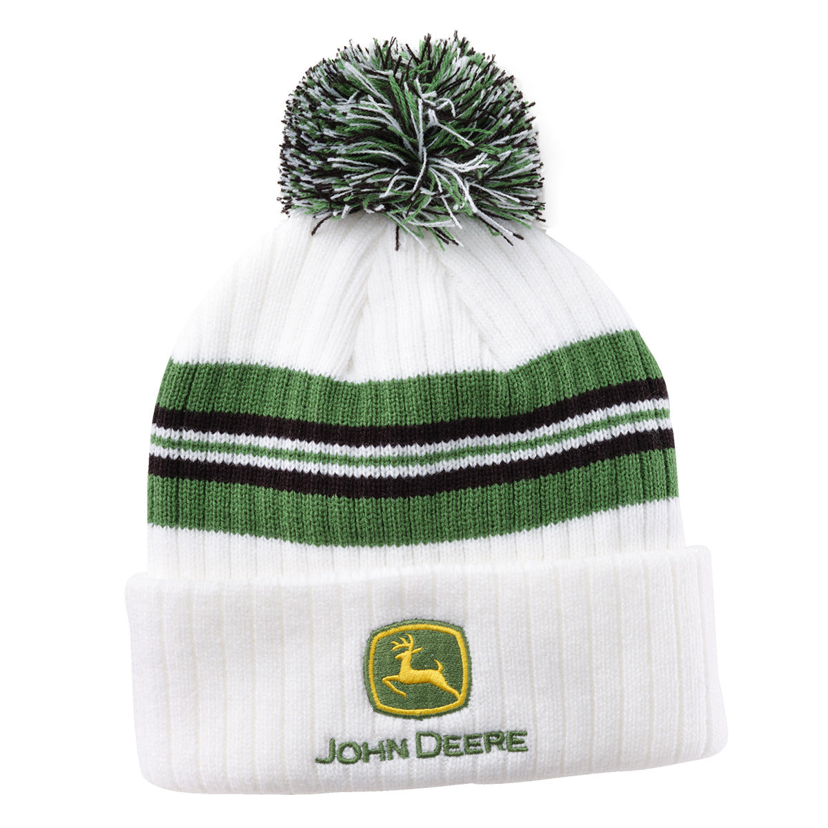 John Deere White/Green/Black Striped Beanie w/ Pom - LP86075