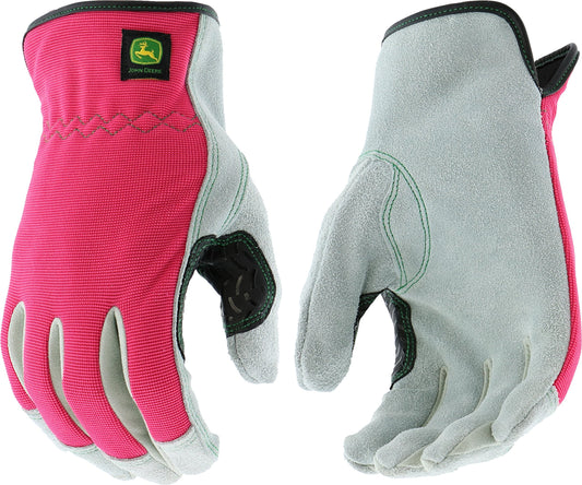 Ladies John Deere Cowhide Gloves with Spandex Back (Pink)(Large) - LP42423