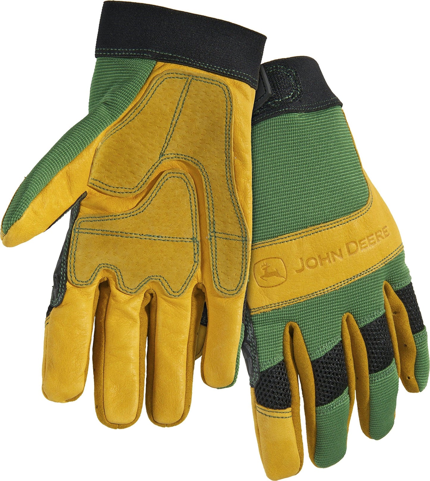Men's John Deere Cowhide Work Gloves with Spandex Back (Green/Tan)(2XL) - LP47143
