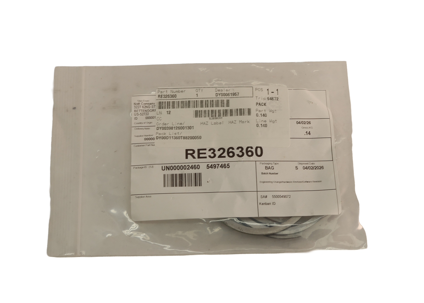 John Deere Original Equipment Ring Kit - RE326360