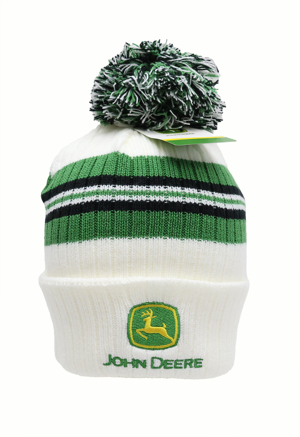 John Deere White/Green/Black Striped Beanie w/ Pom - LP86075