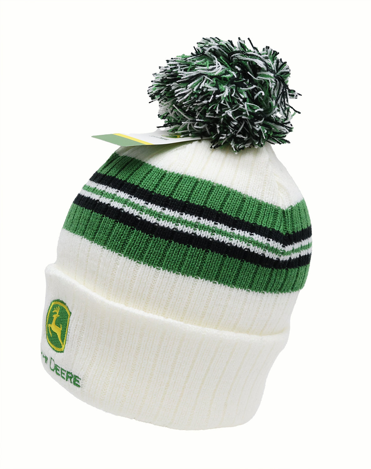 John Deere White/Green/Black Striped Beanie w/ Pom - LP86075