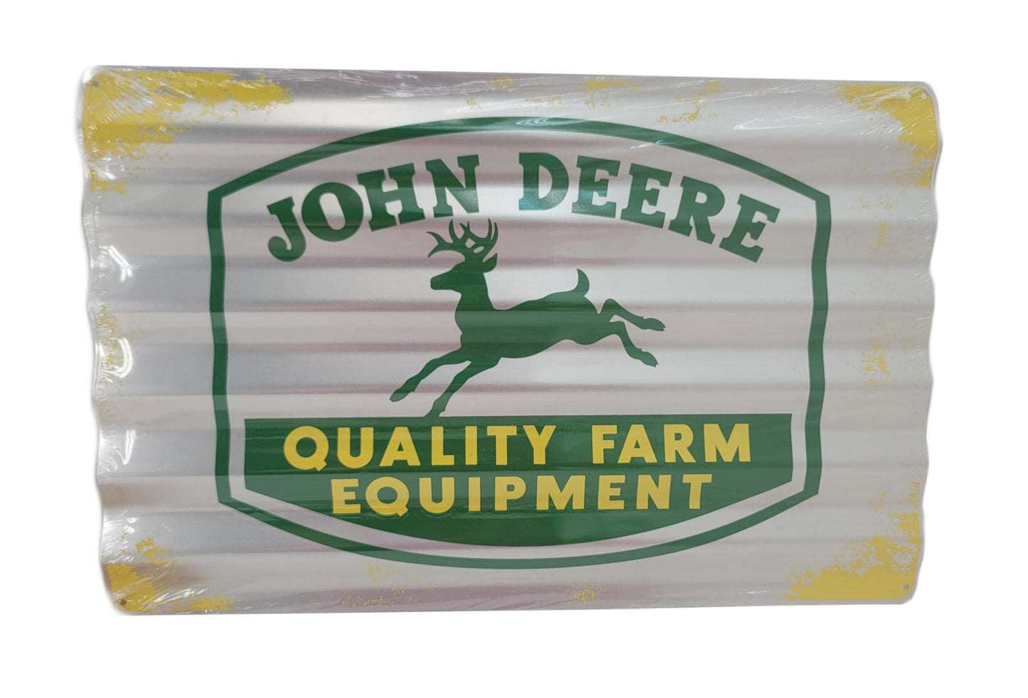 Close-up of the John Deere Metal Sign Quality Farm Equipment Corrugated Silver
