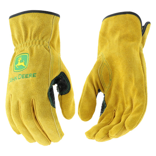 West Chester JD00004 John Deere Leather Gloves - X Large Size Split Cowhide Work Gloves with Shirred Elastic Wrist. Hand Protection Wear