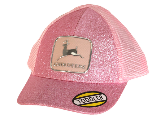 John Deere Toddler Pink Glitter Historic Trademark Cap, front of the cap