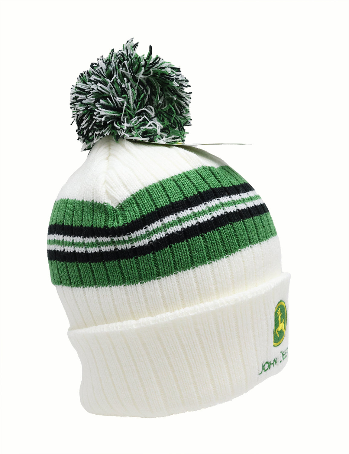 John Deere White/Green/Black Striped Beanie w/ Pom - LP86075