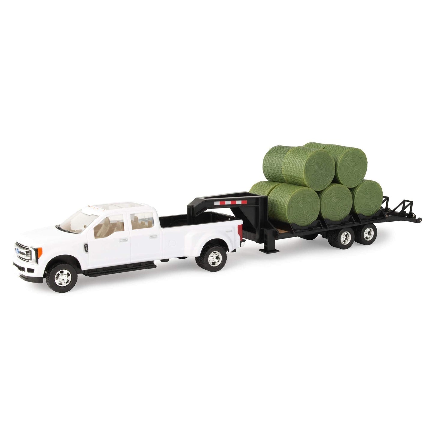 TOMY John Deere Ford Pickup with Gooseneck Trailer with Bales & Bale Holder, White, Green