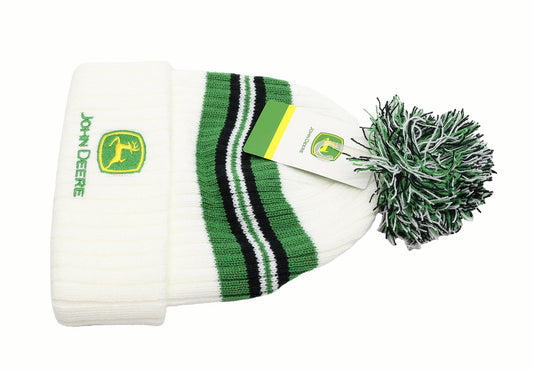 John Deere White/Green/Black Striped Beanie w/ Pom - LP86075