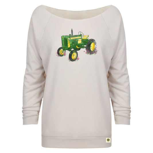 Cuff and hem of the John Deere Ladies Small Watercolor Tractor Boatneck Sweatshirt