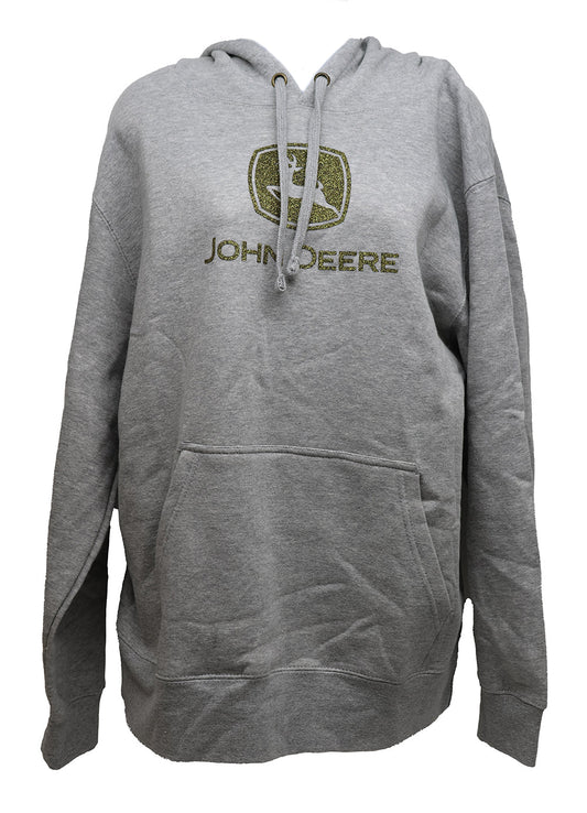 Front print on the John Deere Ladies Medium Gray Hoodie With Gold Glitter Logo
