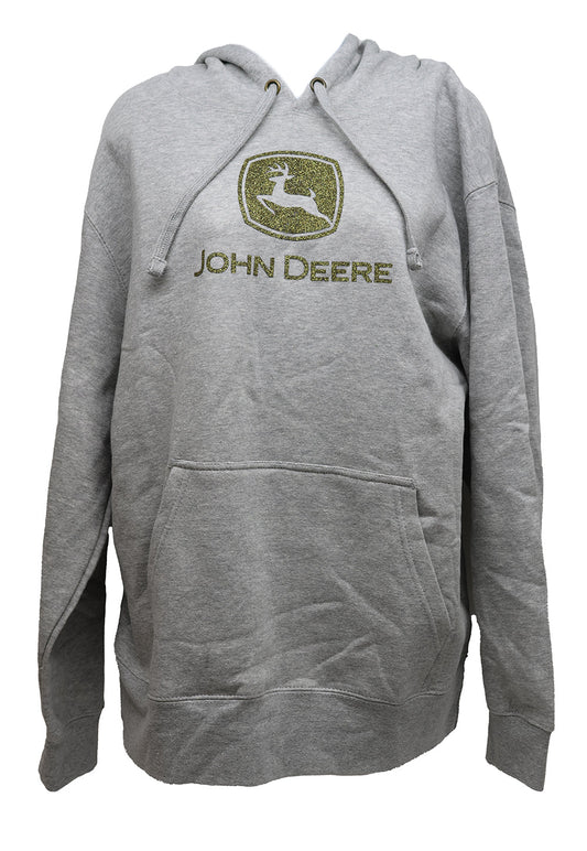 John Deere Ladies Small Gray Hoodie With Gold Glitter Logo laid flat