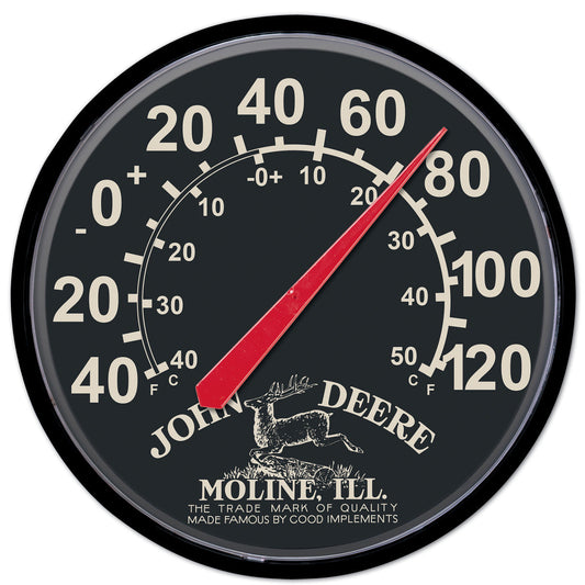 John Deere 12" Round Black "Moline IL." Thermometer - LP87276