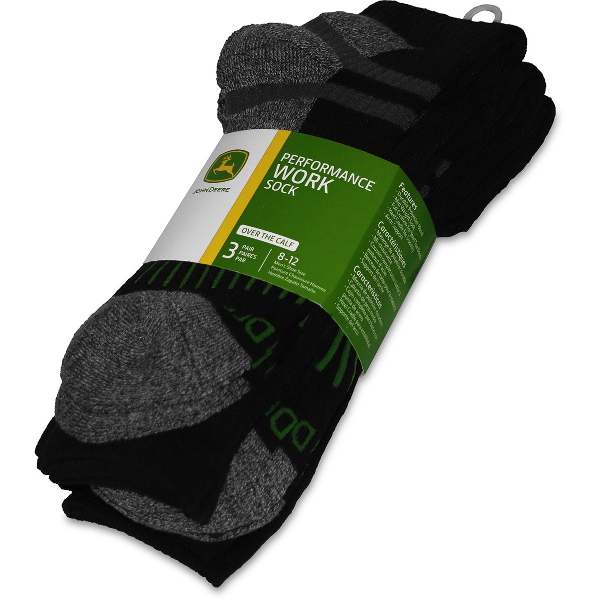 John Deere Men's 3 Pack Performance Work Sock (Gray/Black)(Over The Calf) - LP73321